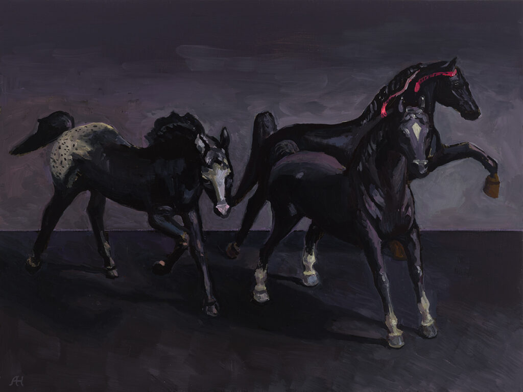 Black Horses on Black: Appaloosa, Morgan, Tennessee Walker, a painting by Ariana Huggett