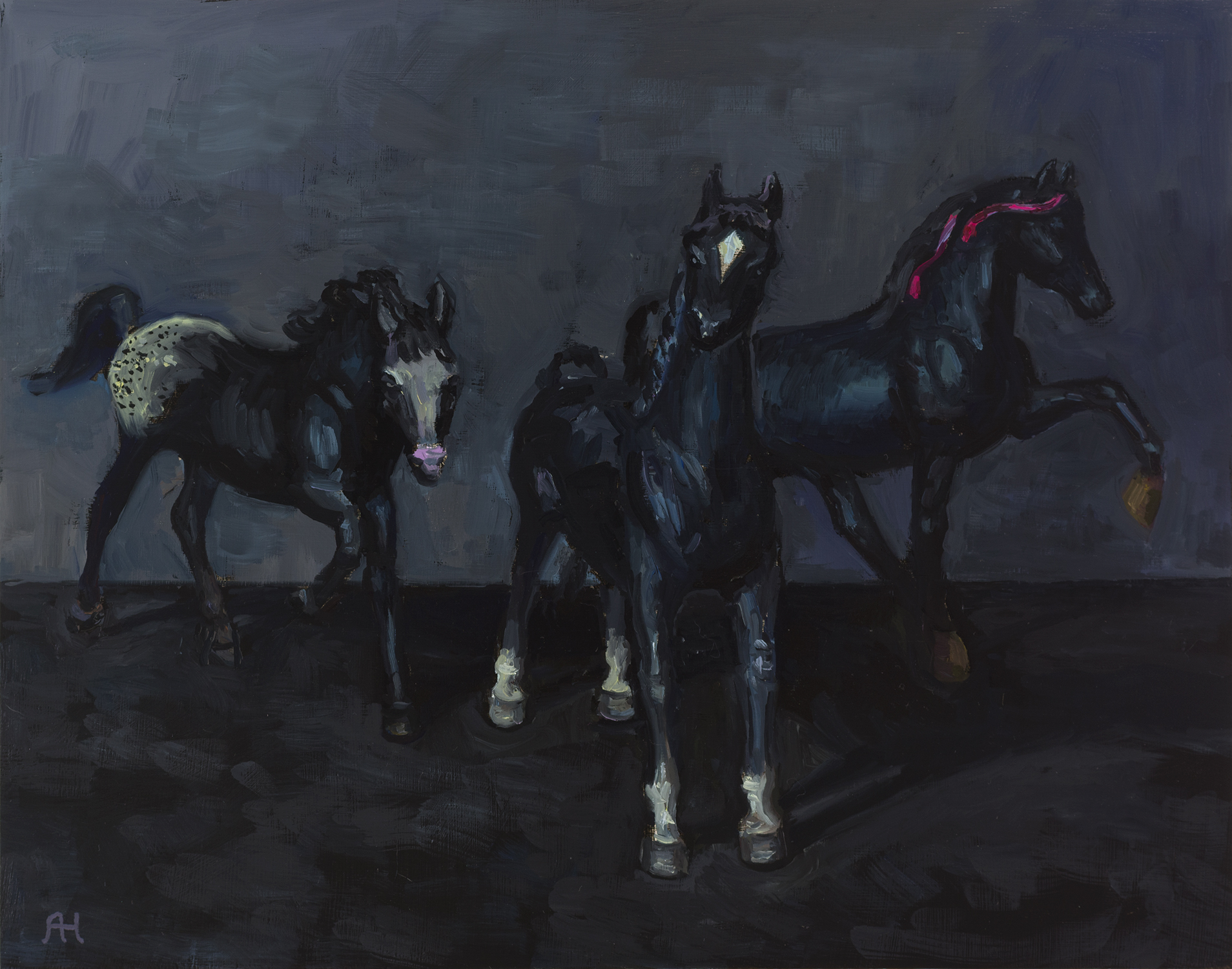 Oil painting by Ariana Huggett of 3 model horses on a black background.