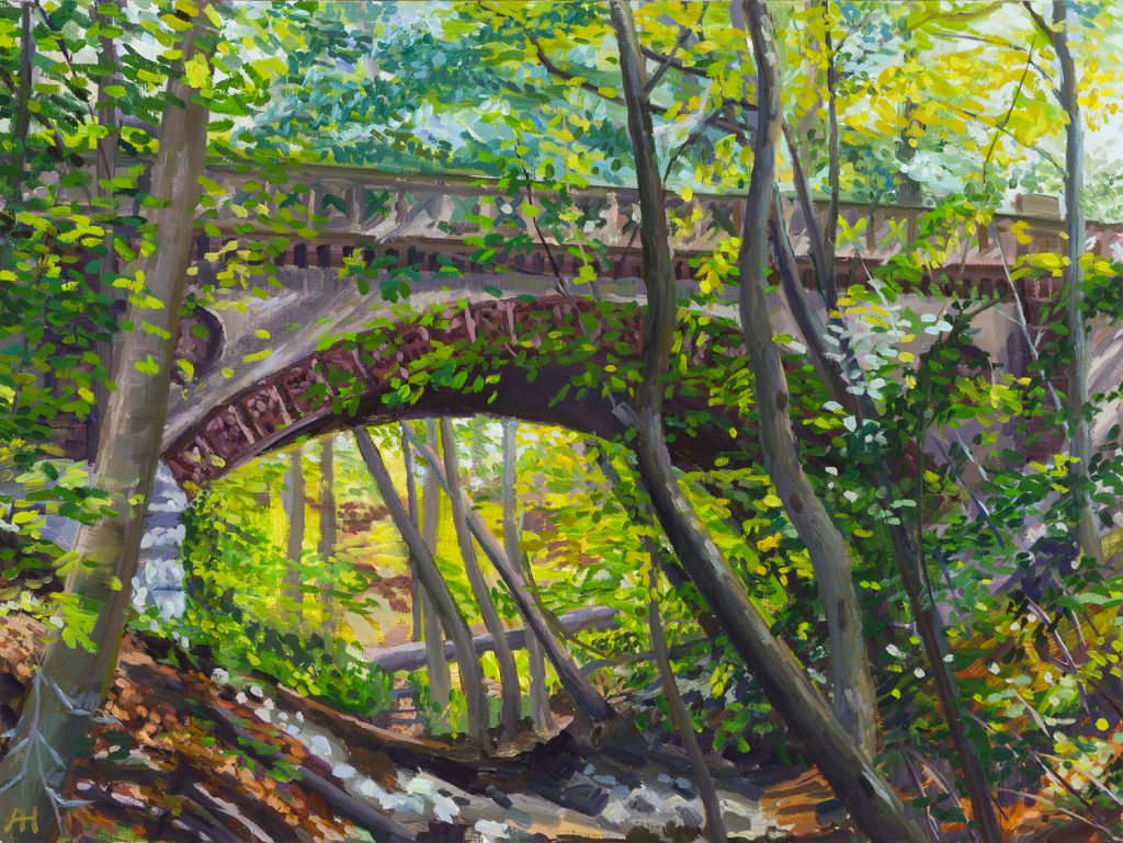 Oil painting by Ariana Huggett of the Brick Arch Bridge in Lake Park, Milwaukee.