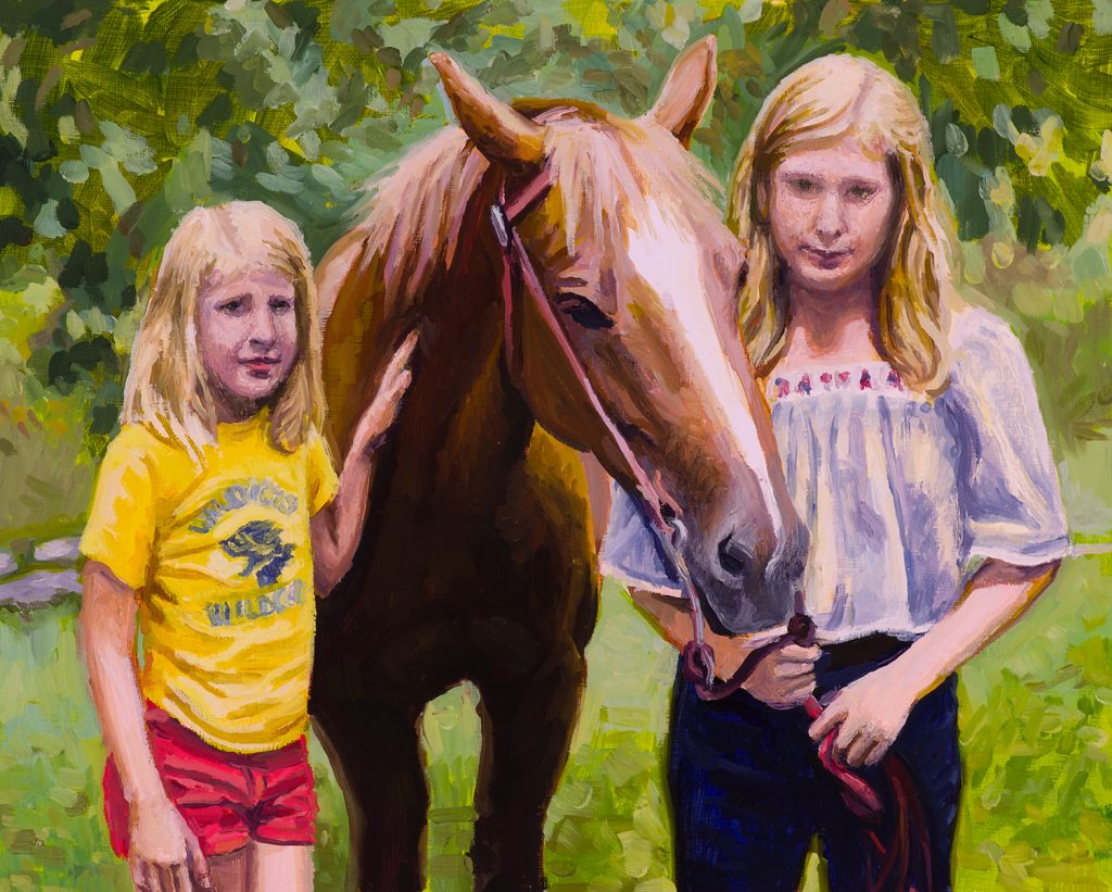 Oil painting by Ariana Huggett of two girls with a horse.