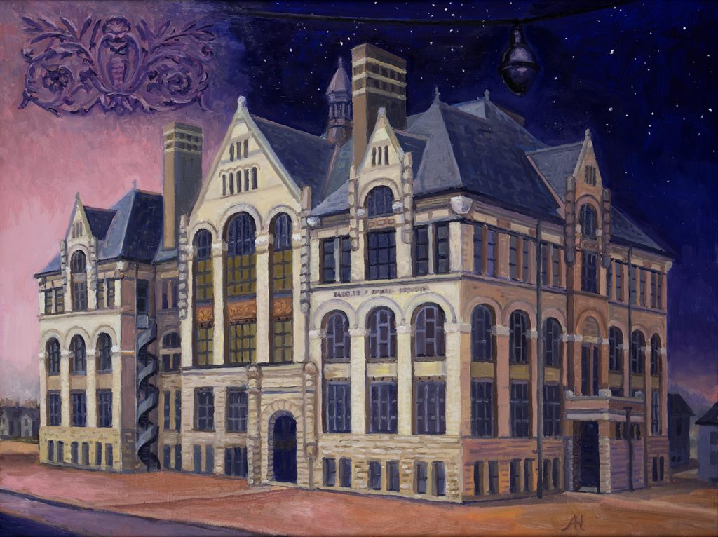 Oil painting of the Milwaukee Public School building, Kagel.