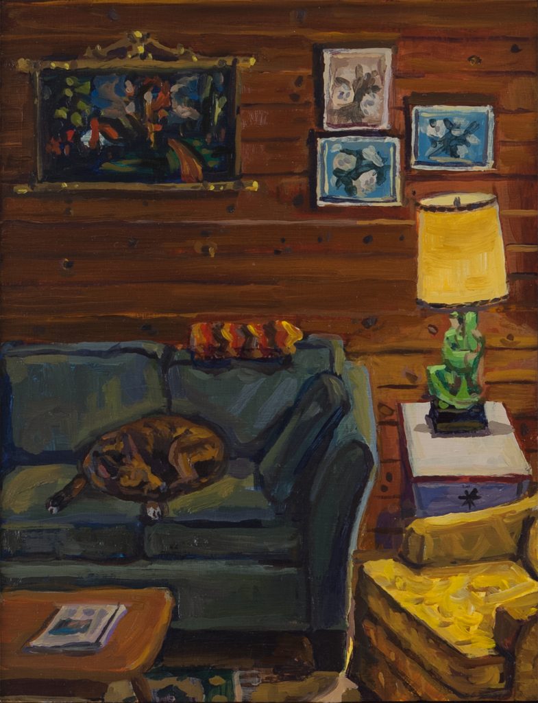 An oil painting of an interior lit by a lamp with a dog sleeping on a couch.
